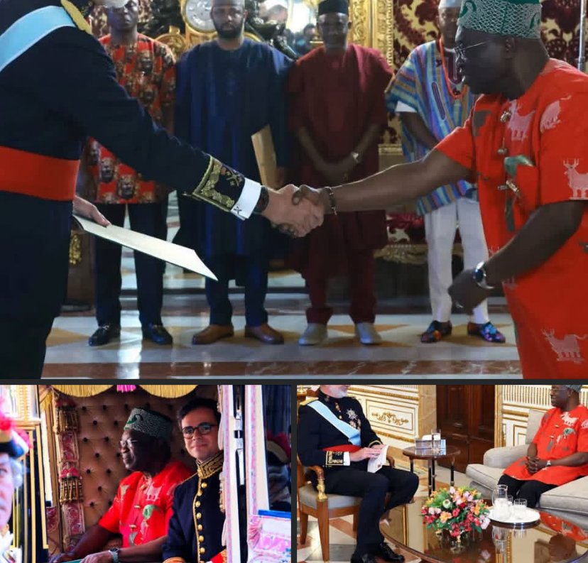 Nigerian Ambassador Okezie Victor Ikpeazu presents diplomatic credentials to Spain’s King Felipe VI at the Royal Palace in Madrid.