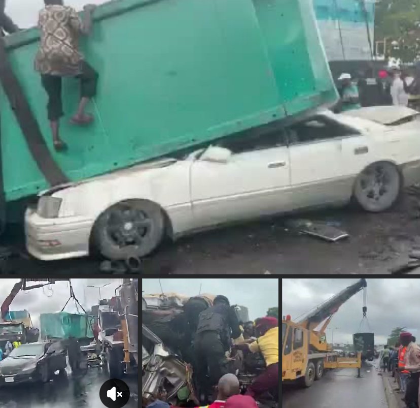 Emergency responders evacuating vehicles after a multiple-vehicle crash at Otedola Bridge on the Lagos-Ibadan Expressway.