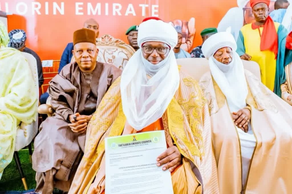 Kano Governor Abba Yusuf congratulates Kwara Governor AbdulRahman AbdulRazaq on his turbaning as Sardauna of Ilorin.
