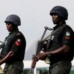 Nigeria Police operatives conducting a security operation in Benue State amid efforts to rescue kidnapped passengers.