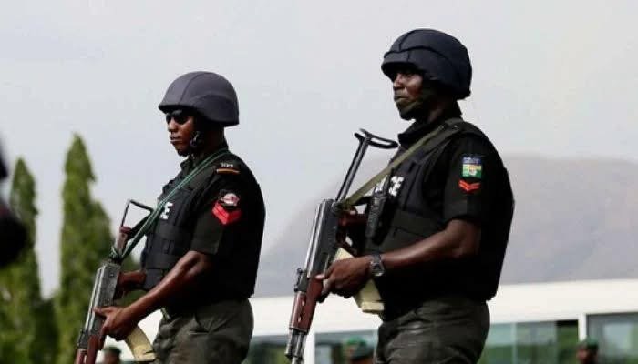 Nigeria Police operatives conducting a security operation in Benue State amid efforts to rescue kidnapped passengers.