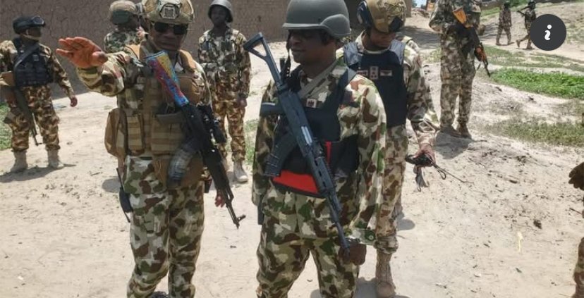 Nigerian Army troops conducting a counter-terrorism patrol during nationwide security operations against terrorists and kidnappers.