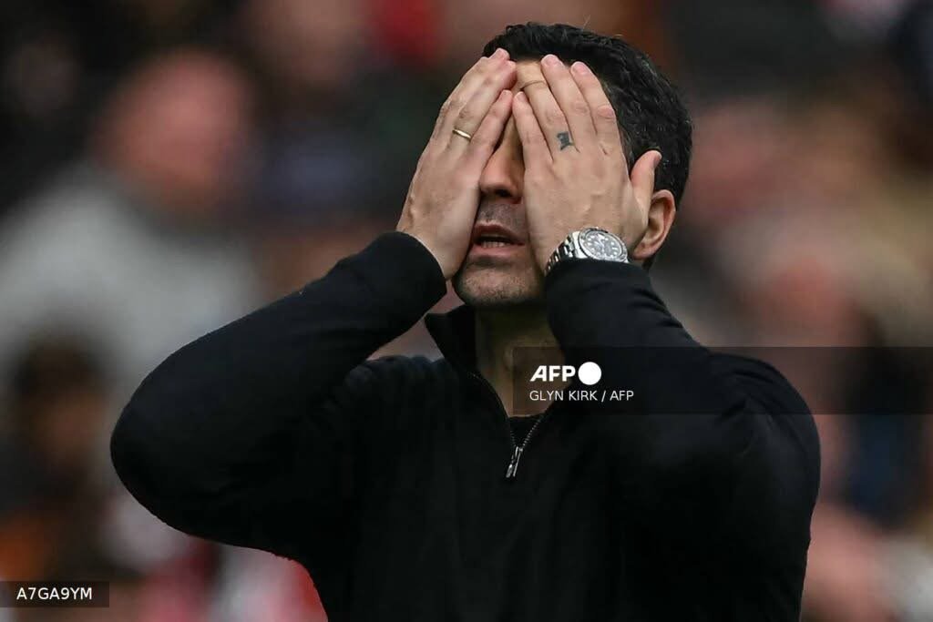 Arsenal manager Mikel Arteta reacts during Arsenal’s 3-0 Premier League defeat to Brighton at the Amex Stadium.