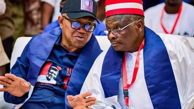 OK Movement Director-General John Ughulu, Peter Obi and Rabiu Kwankwaso amid an organisational dispute between the movement and the Nigeria Democratic Congress.