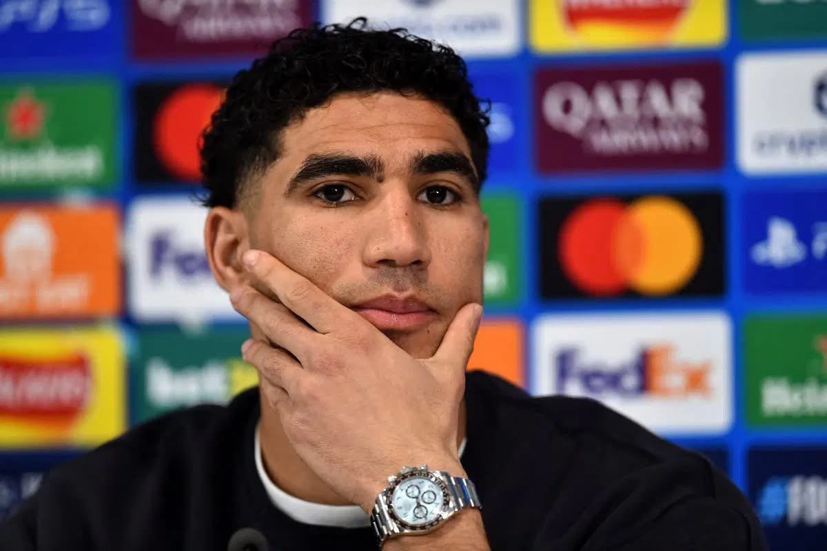 Achraf Hakimi, Paris Saint-Germain and Morocco defender, during a football match in 2026 amid an ongoing French criminal case.
