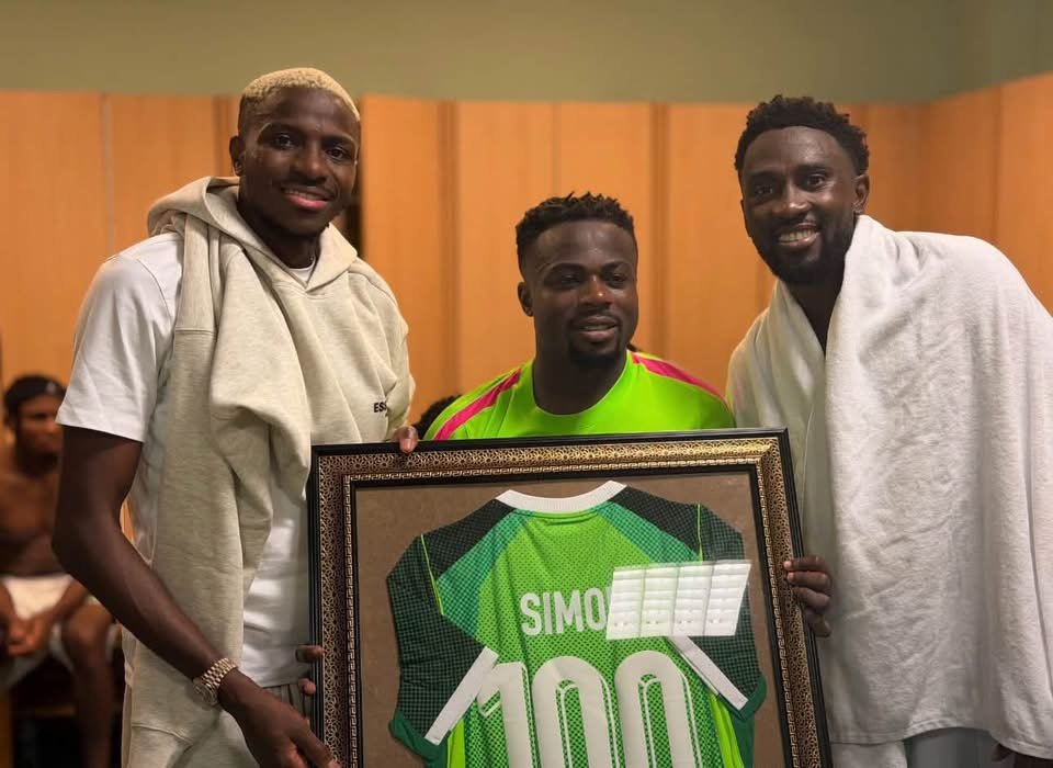 Moses Simon celebrates his 100th appearance for Nigeria with the Super Eagles after the AFCON 2027 qualifying victory over Madagascar in Uyo.