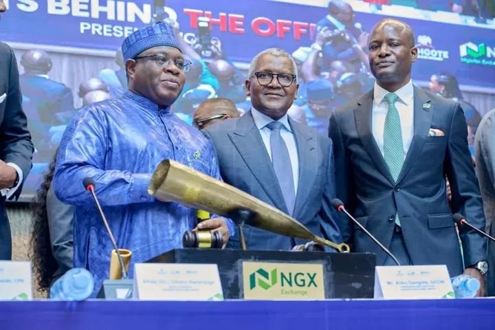 Aliko Dangote speaking at an NGX Group event on the Dangote Refinery IPO and Nigeria’s capital market transformation.