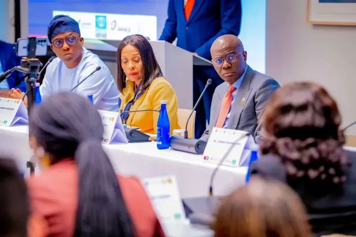 Lagos Governor Babajide Sanwo-Olu at a climate resilience meeting with UN and global partners to address flooding and coastal erosion.