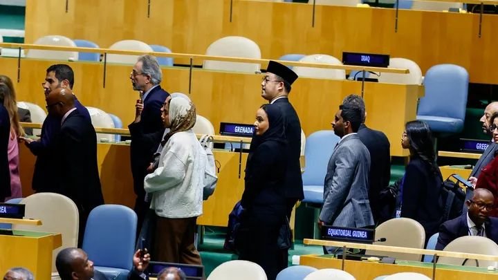 Israeli Prime Minister Benjamin Netanyahu addresses the 81st UN General Assembly as dozens of delegates walk out of the chamber.