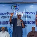 Seyi Makinde speaking at an APM campaign event while presenting his “Reset Nigeria” agenda ahead of the 2027 Nigerian presidential election.