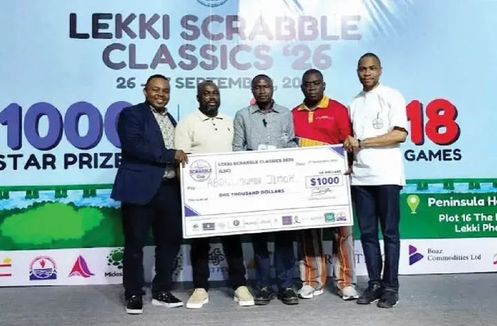 Abdulmumeen Jimoh celebrates after retaining the Lekki Scrabble Classics Division A title in Lagos.