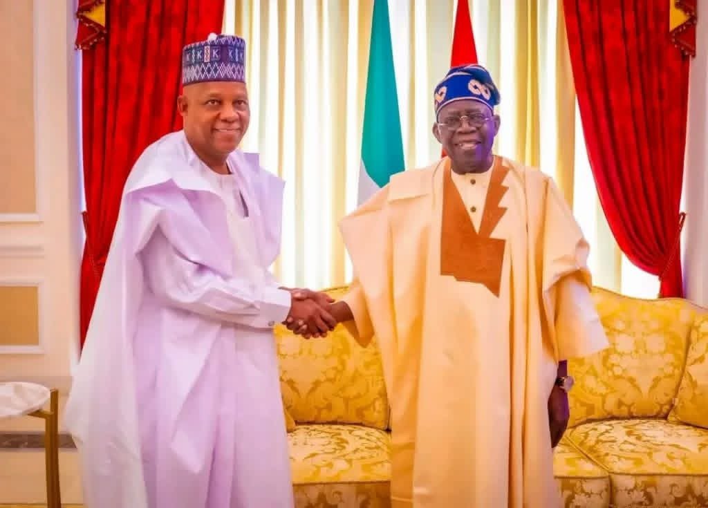 President Bola Tinubu meeting Vice President Kashim Shettima in Lagos after Shettima represented Nigeria at the United Nations General Assembly.