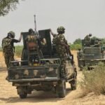 Nigerian Army troops conducting counter-insurgency operations in Borno State during the fight against ISWAP terrorists.