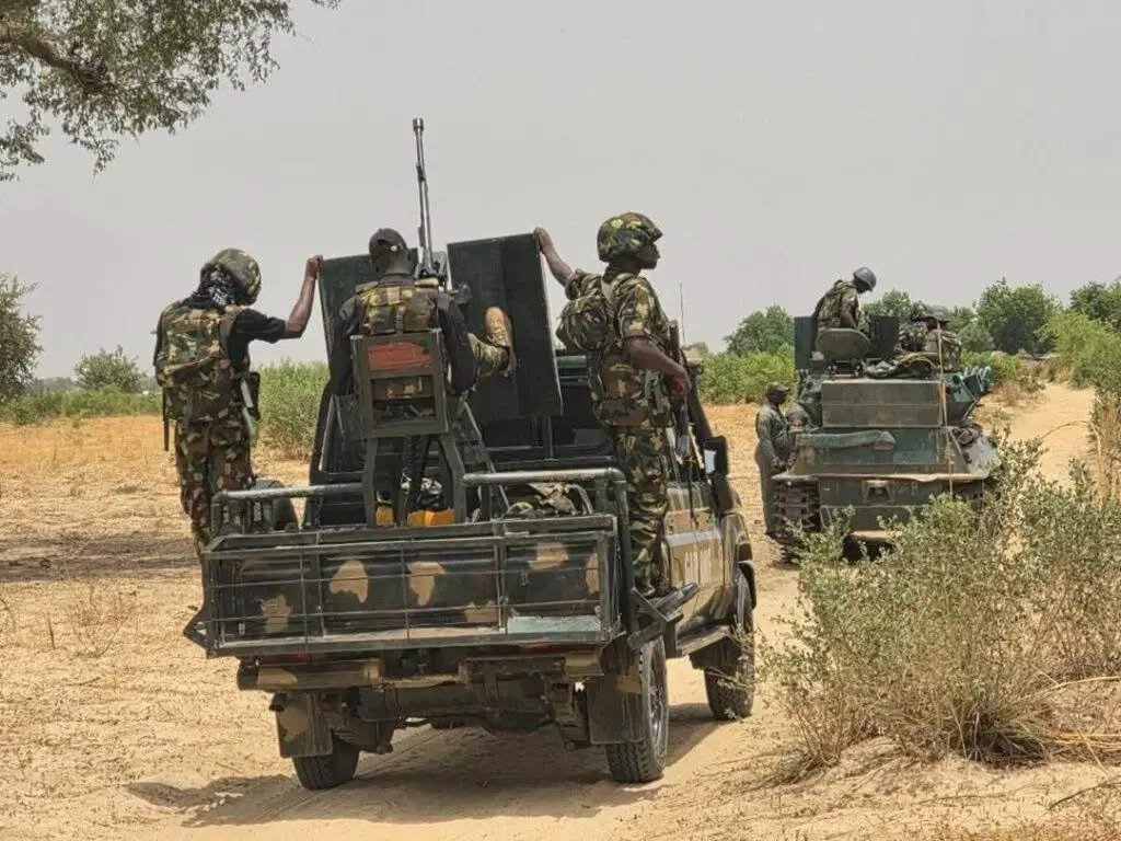 Nigerian Army troops conducting counter-insurgency operations in Borno State during the fight against ISWAP terrorists.