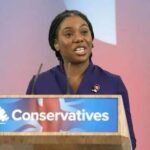 Kemi Badenoch addresses Conservative Party members during the 2026 Conservative Party conference in Birmingham amid a political dispute with Reform UK over British and English identity.
