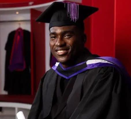 Nigerian striker Taiwo Awoniyi in academic graduation attire after completing his PFA Business School qualification while continuing his professional football career.