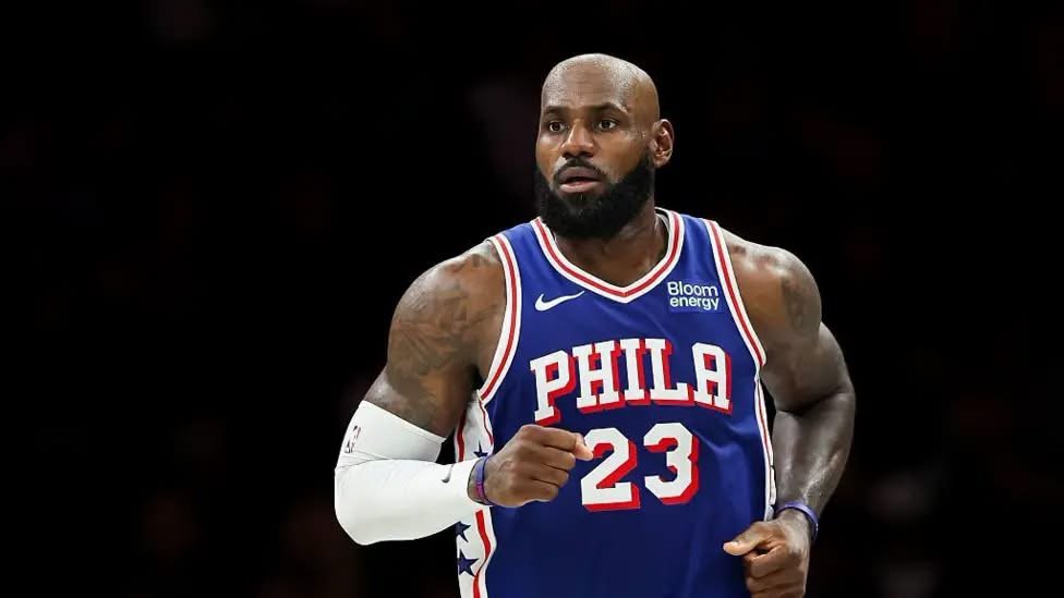 LeBron James wearing a Philadelphia 76ers uniform during his first preseason appearance against the Brooklyn Nets in October 2026.