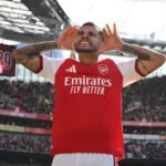 Bruno Guimaraes celebrates scoring the winning goal for Arsenal against Leeds United during a 2-1 Premier League match at the Emirates Stadium on October 10, 2026.