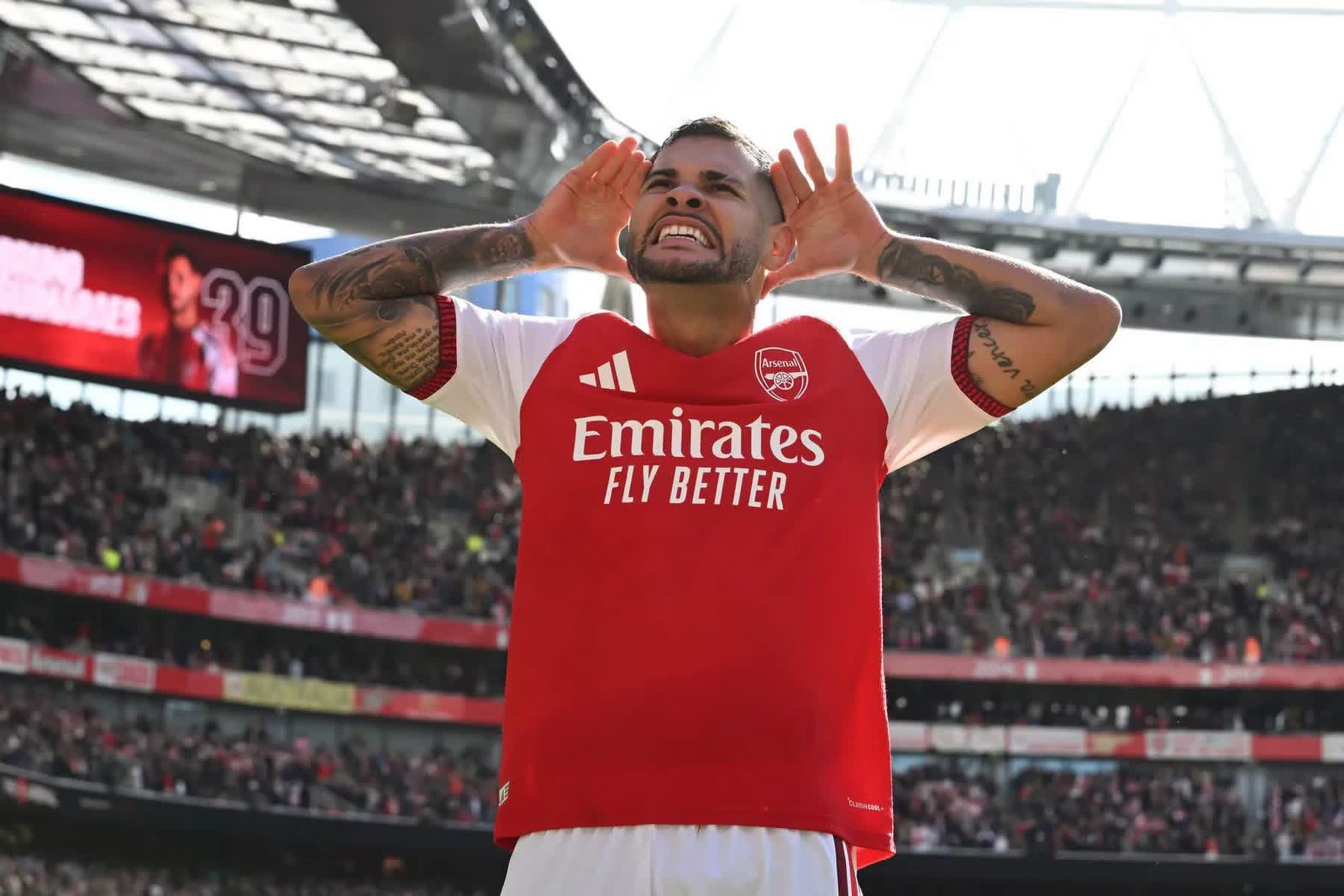 Bruno Guimaraes celebrates scoring the winning goal for Arsenal against Leeds United during a 2-1 Premier League match at the Emirates Stadium on October 10, 2026.
