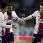 Ousmane Dembélé celebrates scoring for Paris Saint-Germain during the 3-1 Ligue 1 victory over Strasbourg at the Stade de la Meinau.